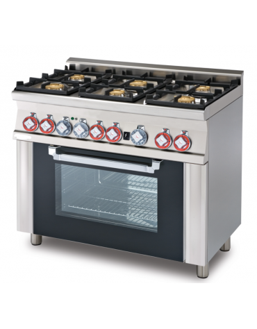 Cucina a gas 6 fuochi su forno a elettrico statico con grill e porta in vetro, camera cm 64x42x35h, 1 griglia - cm 100x60x90h