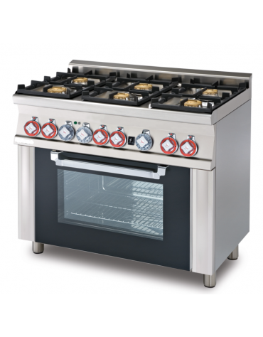 Cucina a gas 6 fuochi su forno a elettrico multifunzione, camera cm 64x37x35h porta in vetro, 1 griglia - cm 100x60x90h