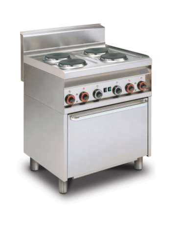 Cucina elett. trifase-11.11kw, 4 piastre su forno elett. con camera cm 64x37x35h multifunzione, porta cieca inox - cm 80x65x87h