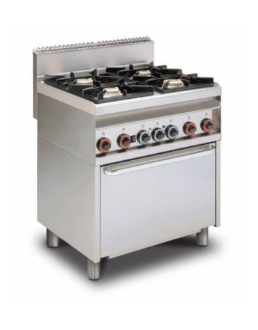 Cucina a gas 4 fuochi su forno elettrico multifunzione, camera cm 64x37x35h, porta cieca inox, 1 griglia - cm 80x65x87h