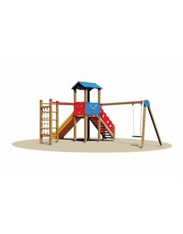 Villaggio 1 torretta, 1 arrampicata, 1 altalena con sedile piano e scivolo in vetroresina - cm 715x420x315h