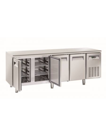 Tavolo refrigerato congelatore negativo 4 porte, in acciaio inox, refrigerazione ventilata -18°/-22° C - 225x70x85h