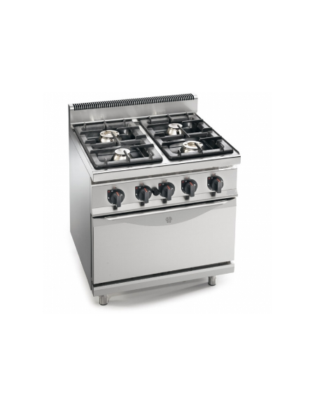 Cucina a gas ALTA POTENZA - 4 fuochi da 7 kw - con forno a gas GN 2/1 - cm 80x70x85/90h