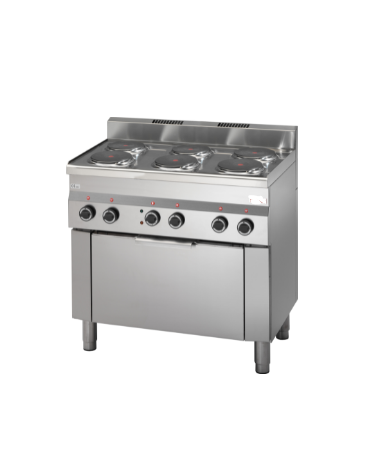 Cucina elettrica 5 piastre tonde POTENZIATA, con forno elettrico a convenzione GN 1/1, porta in acciaio - cm 90x60x85h