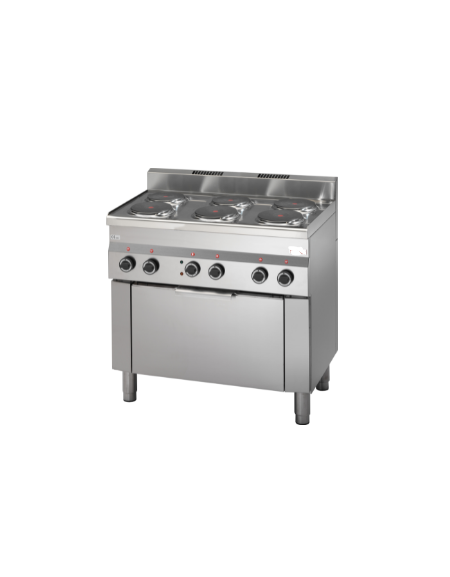 Cucina elettrica 5 piastre tonde POTENZIATA, con forno elettrico a convenzione GN 1/1, porta in acciaio - cm 90x60x85h