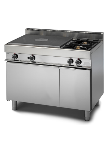 Cucina a gas 2 fuochi + tuttapiastra, con forno  a gas e armadio neutro - 1 bruciatore da 8,2 kw - potenza totale 21,8 Kw - cm 1