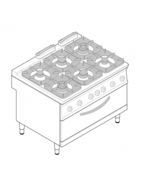 Cucina a gas 6 fuochi, forno a gas Full size con grill elettrico, fuochi 4x5,5kw + 2x9kw - cam. forno cm 92,5x63x30 - cm 120x90x