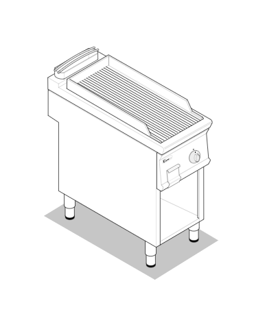 Fry top a gas su vano aperto, 8 kw, piastra singola rigata cromata spazzolata - zona di cottura cm 34,9x69,8 - cm 40x90x90h