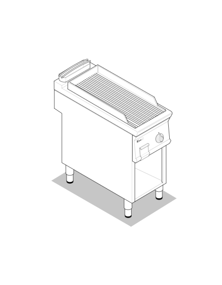 Fry top a gas su vano aperto, 8 kw, piastra singola rigata cromata spazzolata - zona di cottura cm 34,9x69,8 - cm 40x90x90h