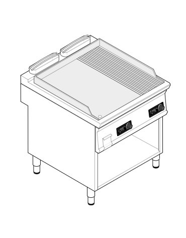 Fry top elettrico trifase-12kw su vano aperto, piastra 2/3 liscia e 1/3 rigata cromata spazzolata - controllo elettronico - cm 8