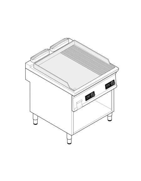 Fry top elettrico trifase-12kw su vano aperto, piastra 2/3 liscia e 1/3 rigata cromata spazzolata - controllo elettronico - cm 8