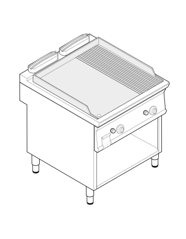 Fry top a gas su vano aperto, 14 kw, piastra doppia 2/3 liscia e 1/3 rigata cromata spazzolata - zona cottura cm 74,8x56,4 - cm 