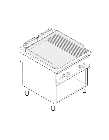 Fry top a gas su vano aperto, 14 kw, piastra doppia 2/3 liscia e 1/3 rigata cromata spazzolata - zona cottura cm 74,8x56,4 - cm 