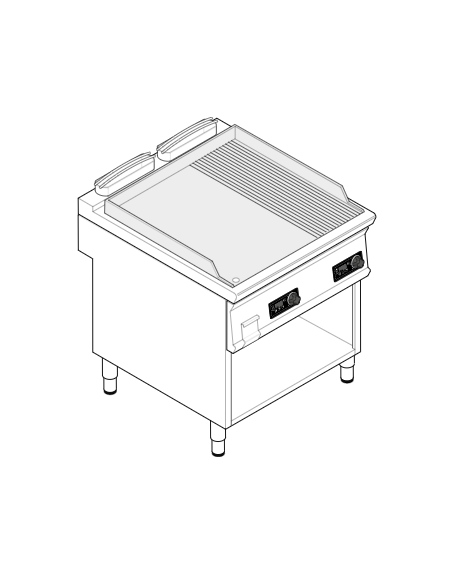Fry top elettrico trifase-7,8kw su vano aperto,piastra 2/3 liscia e 1/3 rigata cromata spazzolata-controllo elett. cm 80x70x90