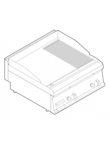 Fry top a gas da banco,14 kw, piastra 2/3 liscia e 1/3 rigata cromata spazzolata - zona di cottura cm 69,6x56,4 - cm 70x70x28h