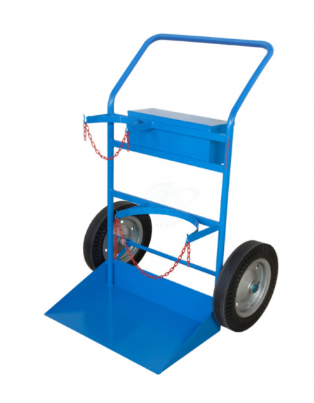 Portabombole ossigeno/propano con cassetta - 2 ruote gomma piena Ø cm 40 - cm 82x63x125h - Pala di carico cm 70x37