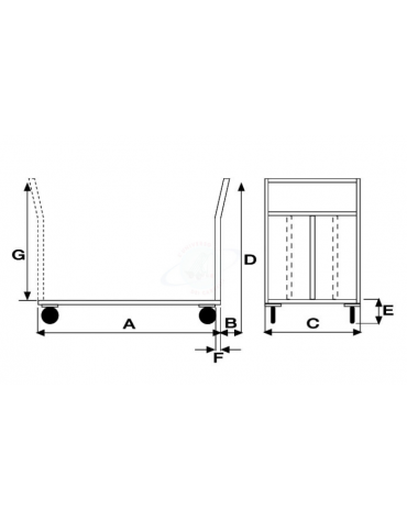Carrello con pianale in lamiera 15/10 4 ruote ( 2 fisse - 2 girevoli) in gomma piena Ø cm 12,5 - piano cm 50x80