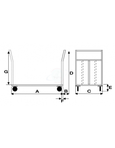 Carrello con pianale in lamiera 15/10, 4  ruote ( 2 fisse - 2 girevoli) in gomma piena, 2 con freno Ø cm 12,5 - cm  50x80