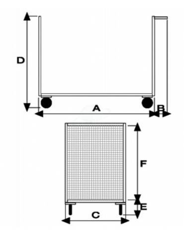 Carrello con pianale con 2 sponde in rete  - 4 ruote girevoli in gomma industriale Ø cm 14 cm 60x90x81h