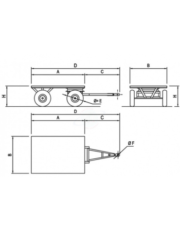 Carrello con rimorchio con ralla sterzante con semiasse  - 4 ruote pneumatiche Ø cm 40x10 - cm 140x75x50h