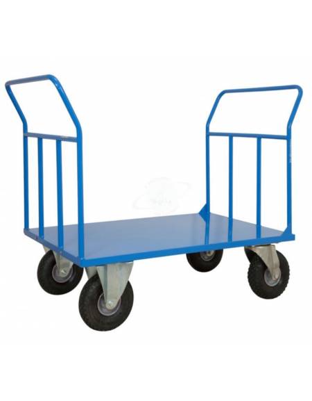 Carrello con pianale lamiera 20/10, 2 sponde (1 fissa+1 rimovibile) 4 ruote girevoli antiforatura, 2 con freno - piano cm 80x120