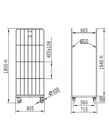 Carrello roll container 4 ruote (2 fisse - 2 girevoli) nylon Ø cm 10 - cm  80,5x71x180h