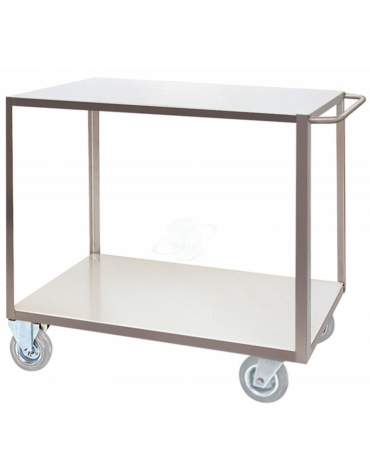 Carrello a 2 piani lisci in acciaio inox AISI 304 spessore 12/10 - Portata kg 300 - 4 ruote girevoli, 2 con freno - piano cm 60x