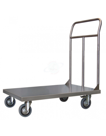 Carrello a pianale in acciaio alimentare AISI 304 lamiera 12/10, 4 ruote girevoli (2 con freno) Ø cm 12,5 - piano cm 50x80