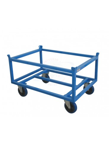 Carrello Porta Pallet Alto - 4 ruote girevoli (2 con freno) in gomma elastica blu Ø 20 - cm 125,5x85,5x71h