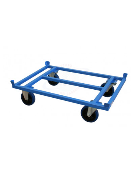 Carrello Porta Pallet Basso - 4 Ruote girevoli (2 con freno) in gomma elastica blu Ø 20 - cm 122x82x32h