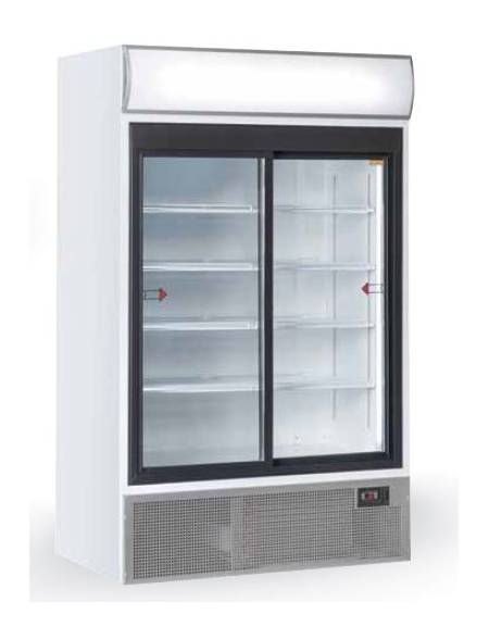 Vetrina 2 ante scorrevoli per bibite e bevande con opalina pubblicitaria - refrigerazione ventilata +1°/+10°C - cm 120x74,2x200h