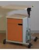 COMODINO OSPEDALIERO BIFRONTE SU RUOTE PER CASE DI CURA CON ANTA E CASSETTO , PORTABOTTIGLIE E PIANO DI SERVIZIO CM 67X47X60/85/
