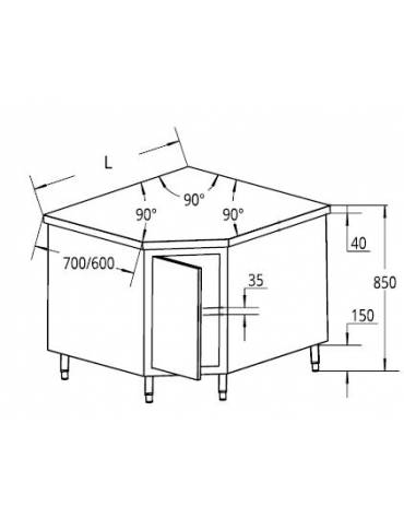 Tavolo mobile armadiato inox angolare 90° con anta a battente - cm 90X90X70X85/90H