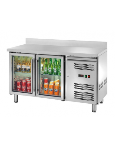 Tavolo refrigerato con alzatina 2 Porte a vetro - Refrigerazione ventilata -2° +8°C - Classe energetica B - cm. 136x70x95h