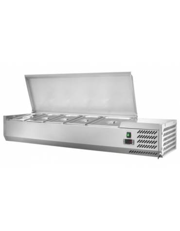 Vetrinetta refrigerata per pizzeria, con coperchio in acciaio inox- predisposta per 5 bacinelle GN1/4 - cm 120x33,5x28/61h