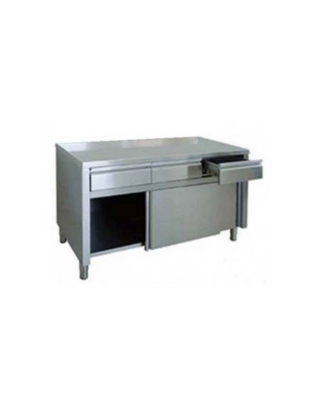 Tavolo armadiato inox con cassettiera ed alzatina cm 150x60x85h