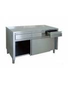 Tavolo armadiato inox con cassettiera sotto piano - Ante scorrevoli - cm 160x60x85/90h