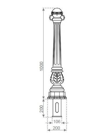 Dissuasore in i ghisa, colonna con base ottagonale e occhielli fissi, arricchita da fregi ornamentali - cm diam. 21,5x100h