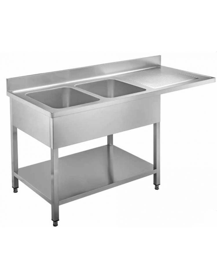 Lavello inox 2 vasche + gocciolatoio destro a sbalzo per predisposizione  lavastoviglie sottobanco-Con ripiano di fondo-cm 160x70