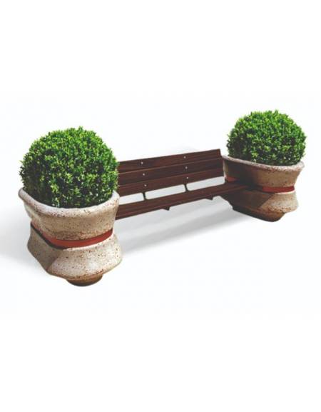 Panchina con schienale e seduta in legno fra 2 fioriere ovali in cemento colore Bianco travertino - cm 280x100x80h