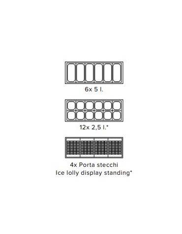 Vetrina per gelato mantecato, su stecco e pasticceria gelata - Refrigerazione statica  -5°C -20°C - N° 6 Vaschette gelato da Lt 