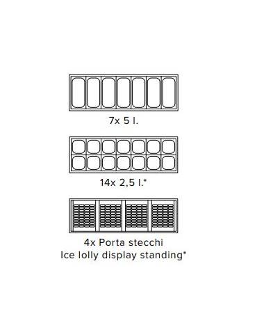 Vetrina per gelato mantecato, su stecco e pasticceria gelata - Refrigerazione statica  -5°C -20°C - N° 6 Vaschette gelato da Lt 