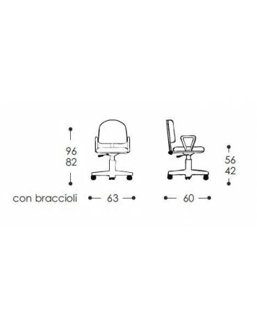 Sedia operativa con schienale basso e braccioli cm 58x60x82/95h