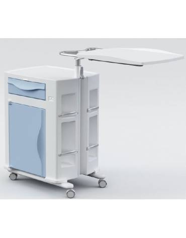 COMODINO BIFRONTE OSPEDALIERO IN POLIETILENE STAMPATO CON CASSETTO, ANTA PORTABOTTIGLIA , PORTABICCHERI E TAVOLO SERVIPRANZO 