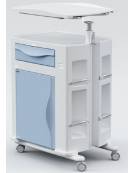 COMODINO BIFRONTE OSPEDALIERO IN POLIETILENE STAMPATO CON CASSETTO, ANTA PORTABOTTIGLIA , PORTABICCHERI E TAVOLO SERVIPRANZO 