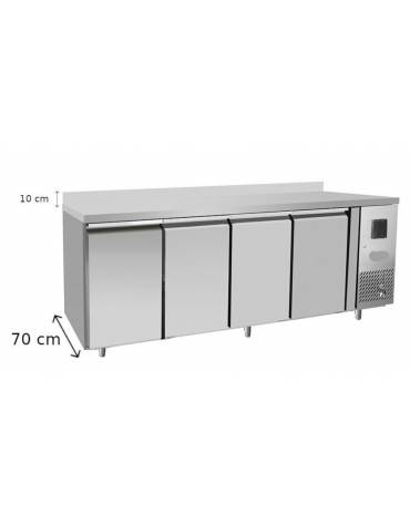 Tavolo Refrigerato ventilato Inox con alzatina - 4 porte - 560 Lt. - temp. -2° +8°C - teglie GN 1/1 - mm 2230×700×950h
