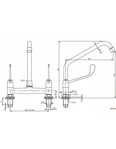 Biforo a lavello, canna a "C" Ø mm 20 , leva clinica corta - mm 250x350h