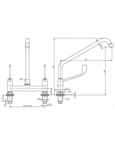 Biforo a lavello, canna a "C" Ø mm 20 , maniglia Croce - mm 250x350h