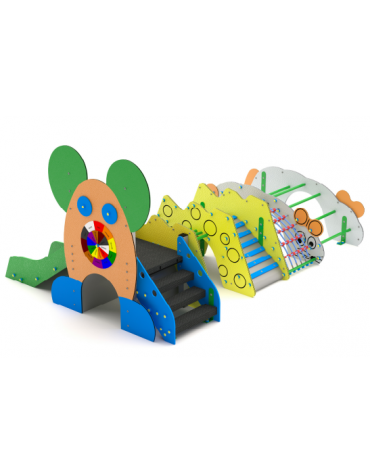 Composizione gioco con scalata/arrampicata, struttura pali in alluminio e rivestimenti HDPE - cm 251x357x172h