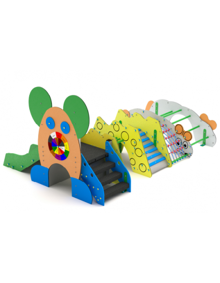 Composizione gioco con scalata/arrampicata, struttura pali in alluminio e rivestimenti HDPE - cm 251x357x172h